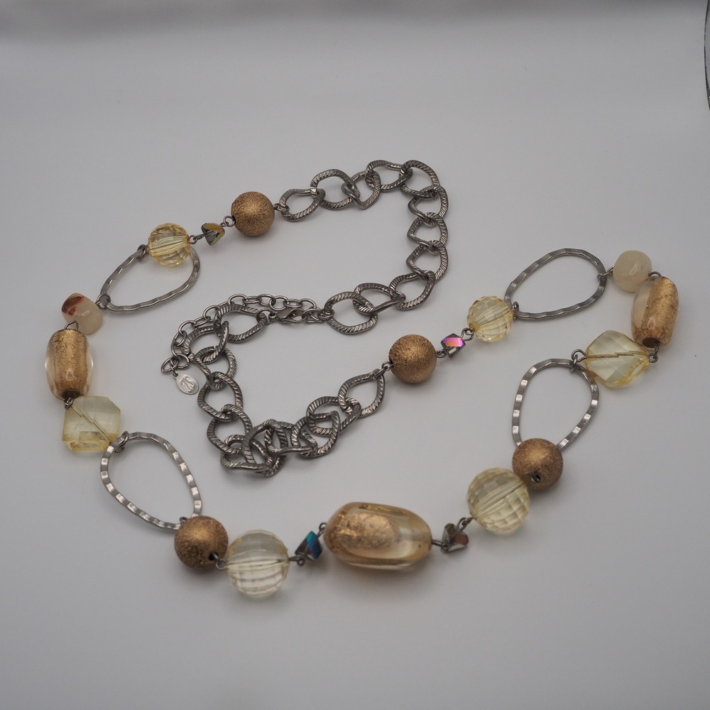 JS Necklace Gold Foil Faceted Bead Silver Tone Station Loop Chain Long Chunky